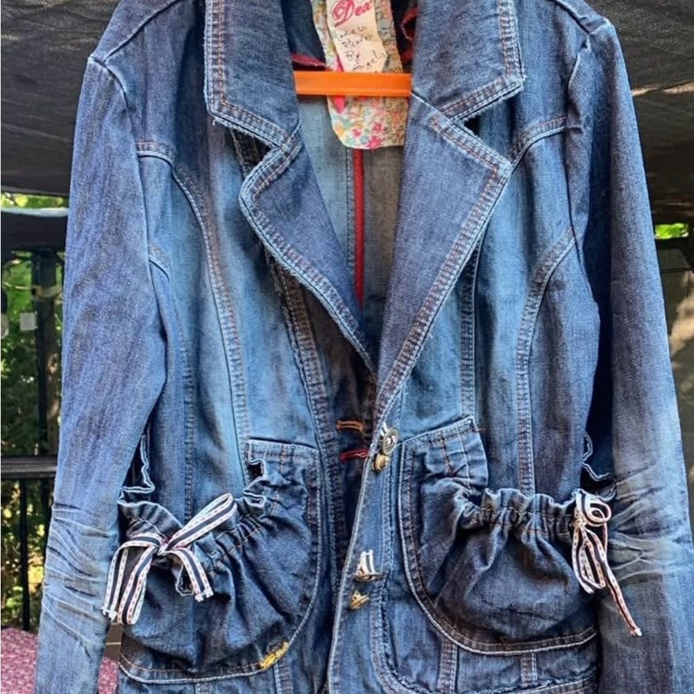 Dex Dark Blue Jean Jacket with Ruffle Pockets